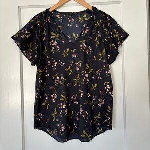 Ann Taylor Navy Floral Flutter Sleeve Blouse